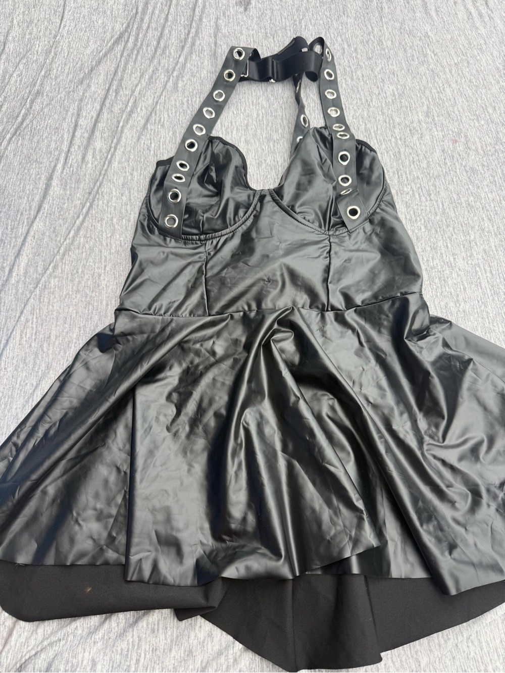 Black Faux Leather Halter Dress with Grommet Straps